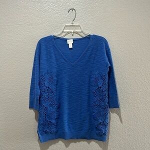 Chico's  Porter Lace Applique V-Neck Sweater 3/4 Sleeves Size 0(Small) Blue